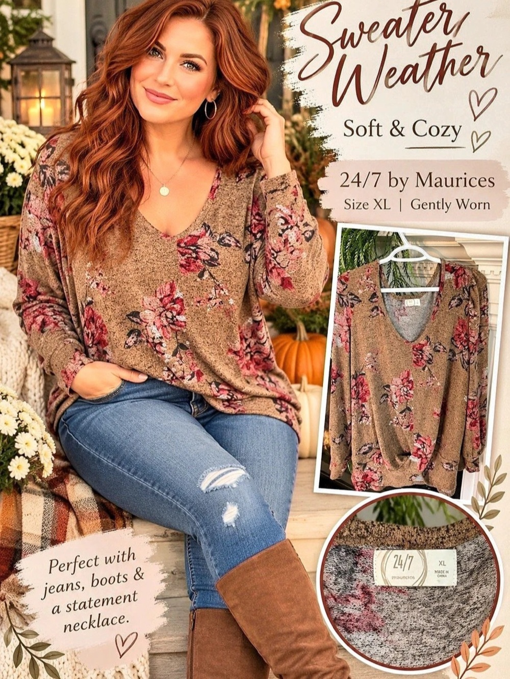 Maurices Floral V-Neck Sweater in Brown & Pink Size XL